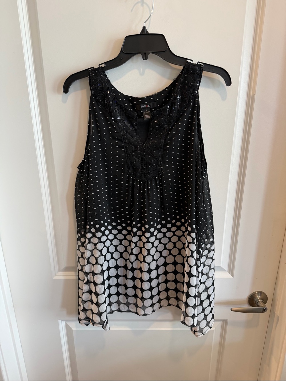 Style & Co. Black and White Polka Dot Sleeveless Tank with Lace Trim